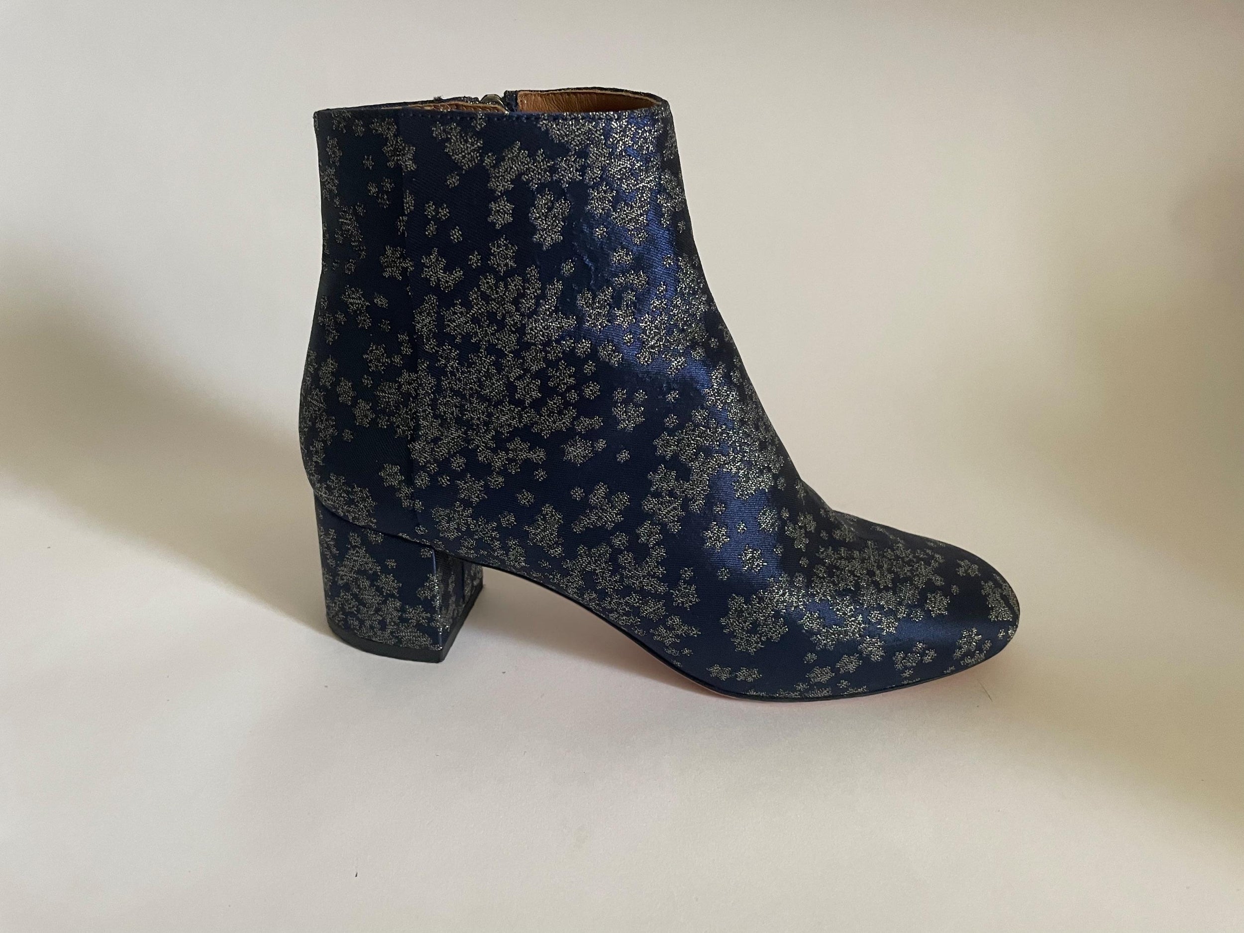 Navy Satin Jacquard Ankle Boots