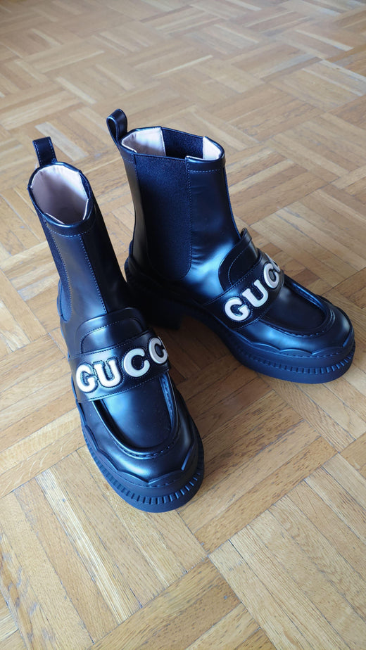 Gucci Black Logo Platform Leather Boots