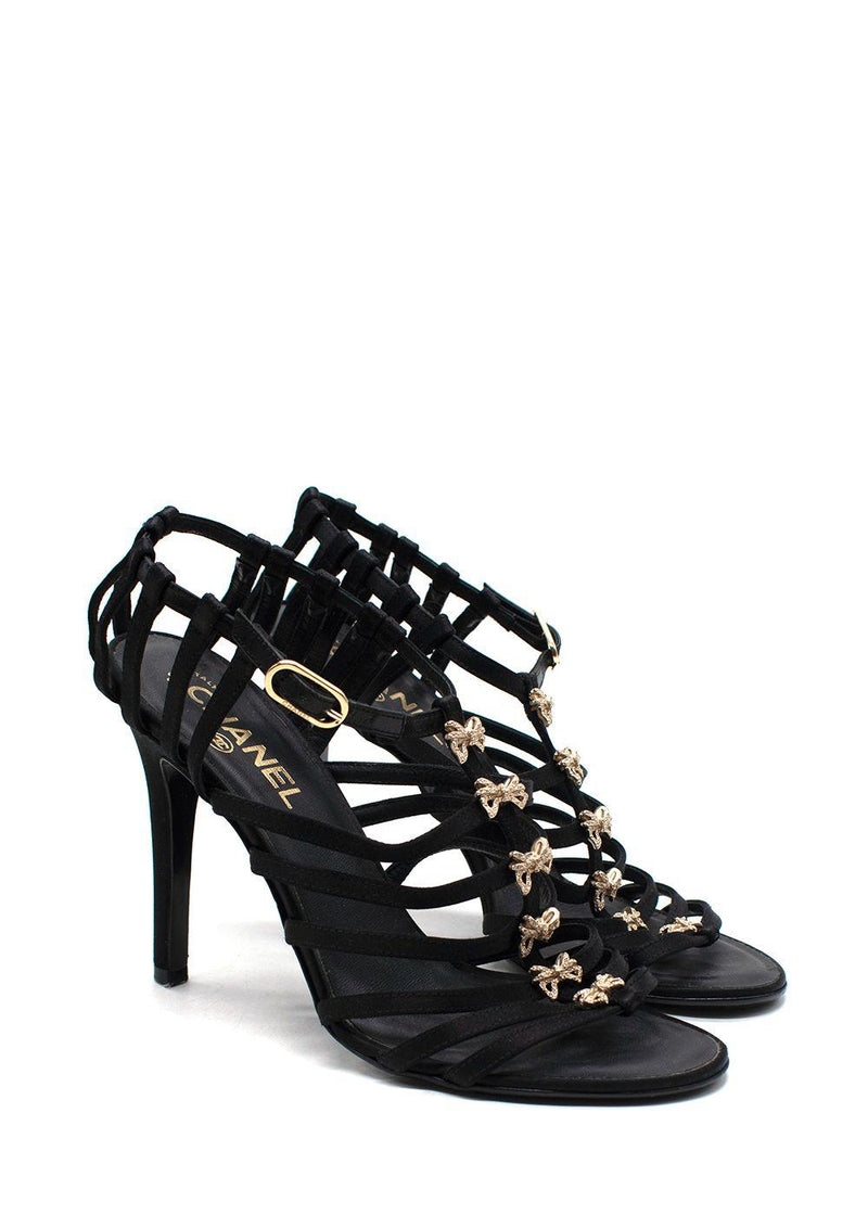 Chanel Black Satin Strappy Heels with Bow Detailing