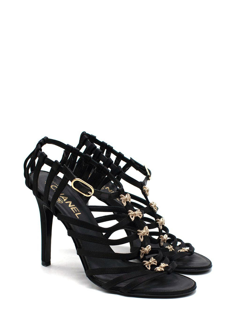 Chanel Black Satin Strappy Heels with Bow Detailing