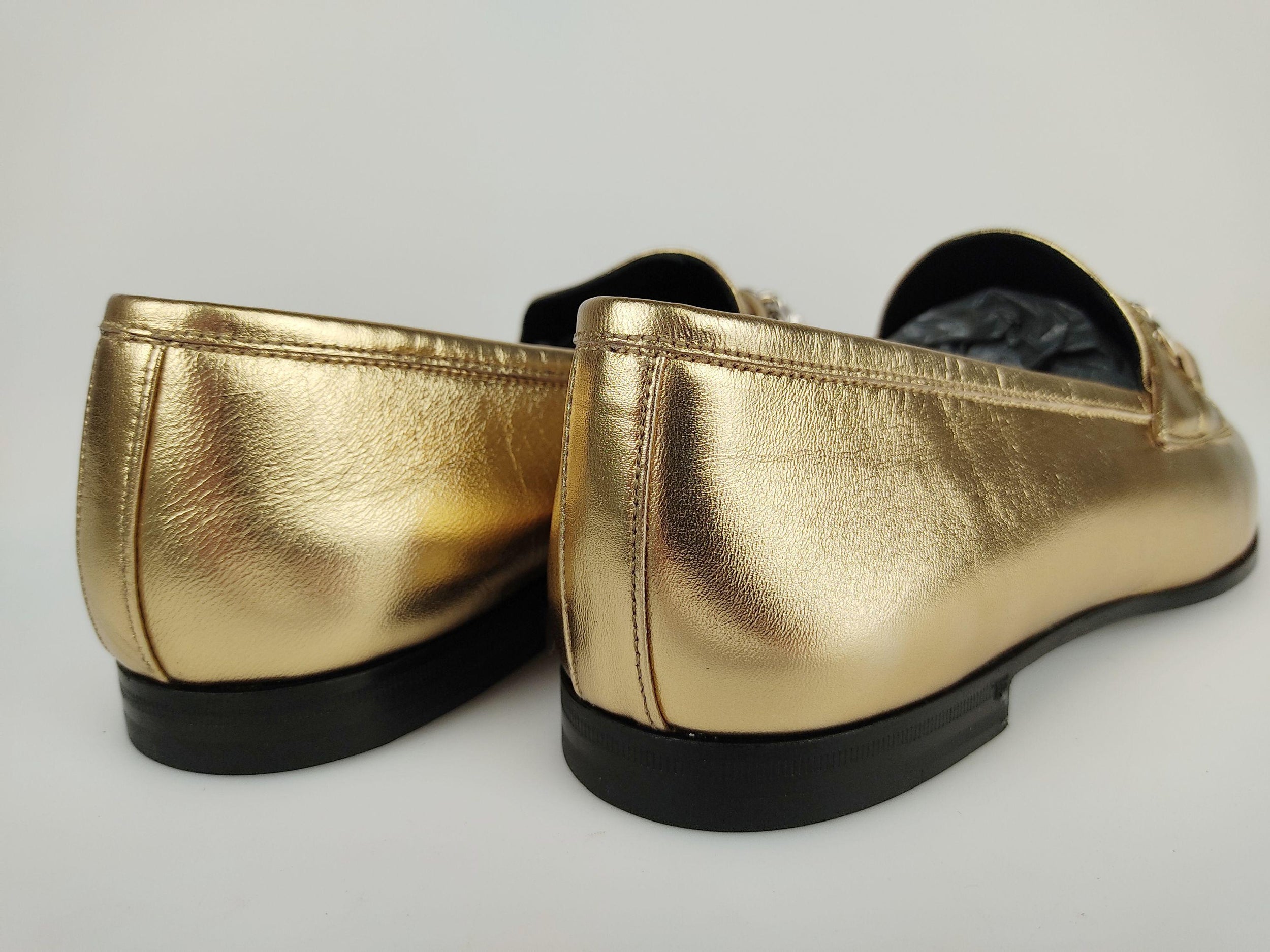 Gold leather chain embellished flat loafers