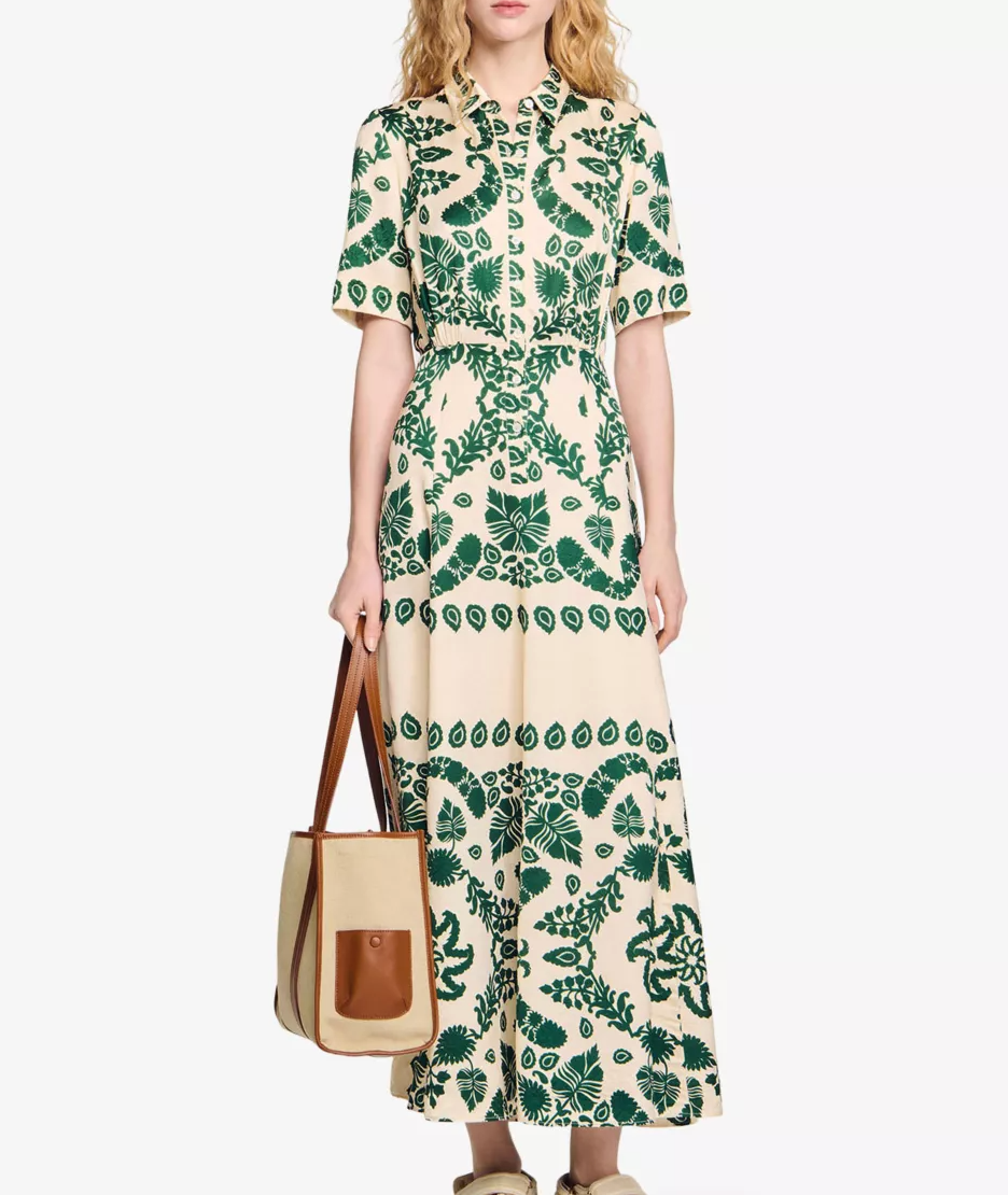 Sandro Floral-Print Collared Satin Midi Dress