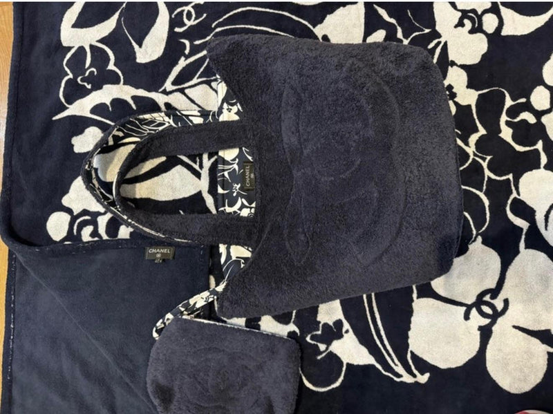 Navy/White Camlia Print Terry Bag, Towel And Pouch