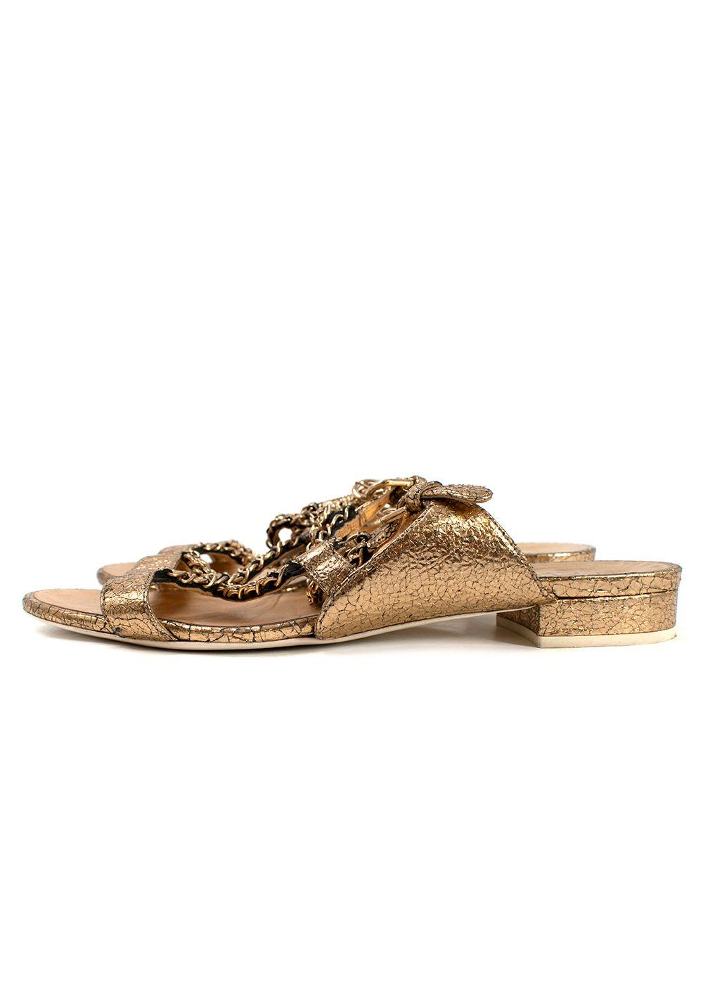 Chanel Metallic Gold Leather Chain Detail Sandals