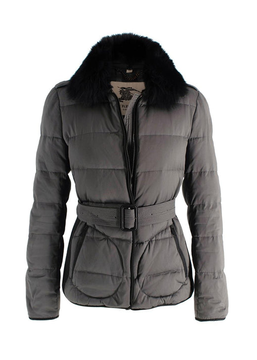 Burberry Grey Belted Puffer Coat with Faux Fur Trim
