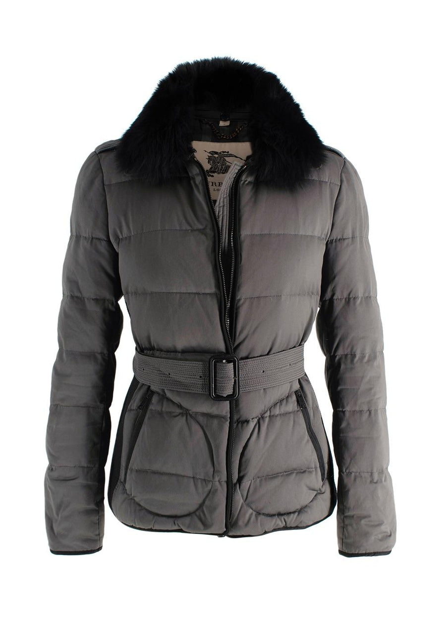 Burberry Grey Belted Puffer Coat with Faux Fur Trim