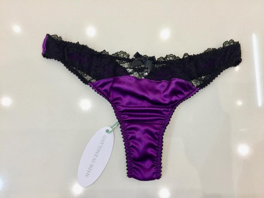Lucile Purple Silk & Black Leavers Lace Underwired Bra & Thong Set