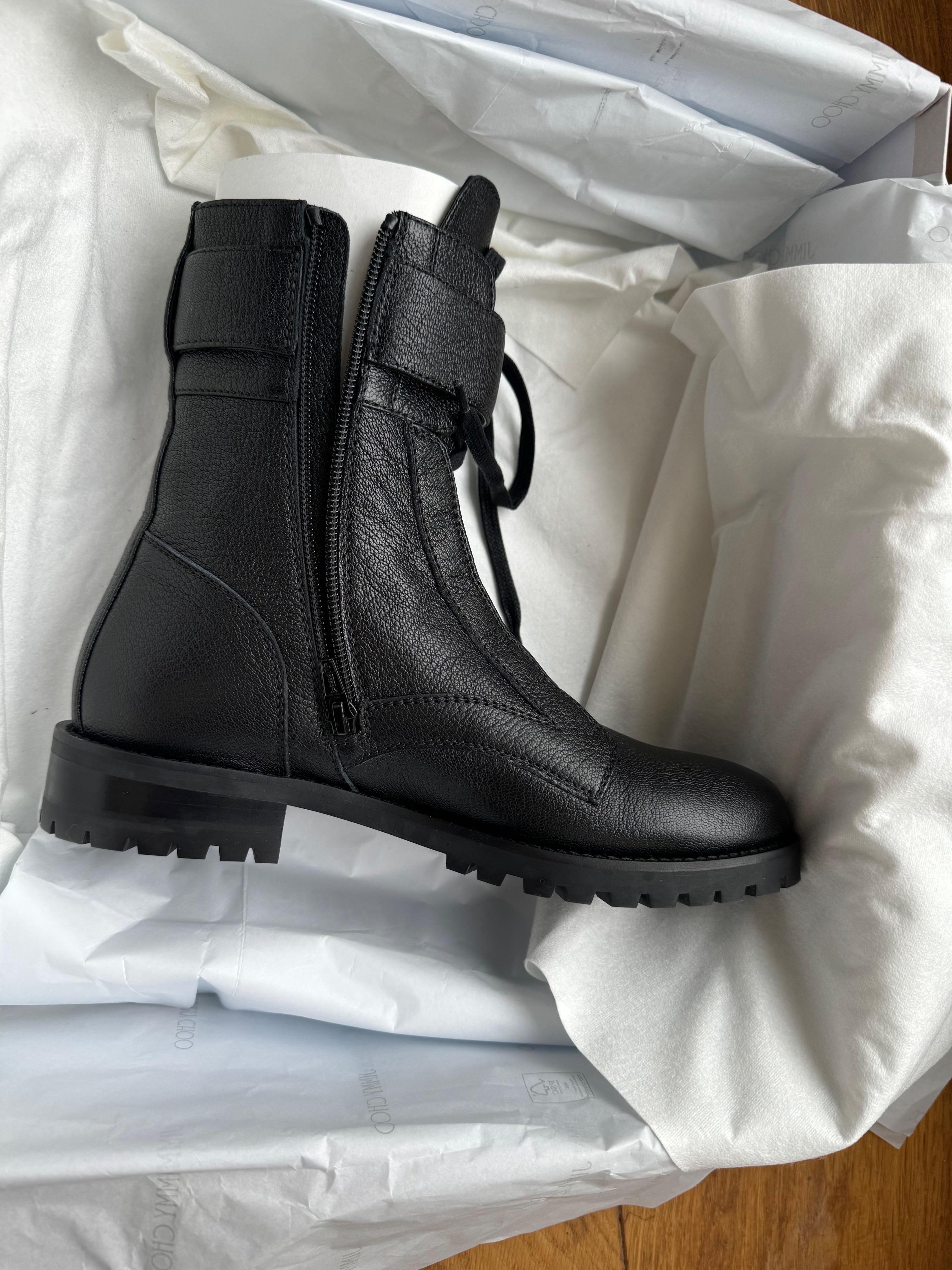 Crystal Embellished Buckle Black Leather Combat Boots