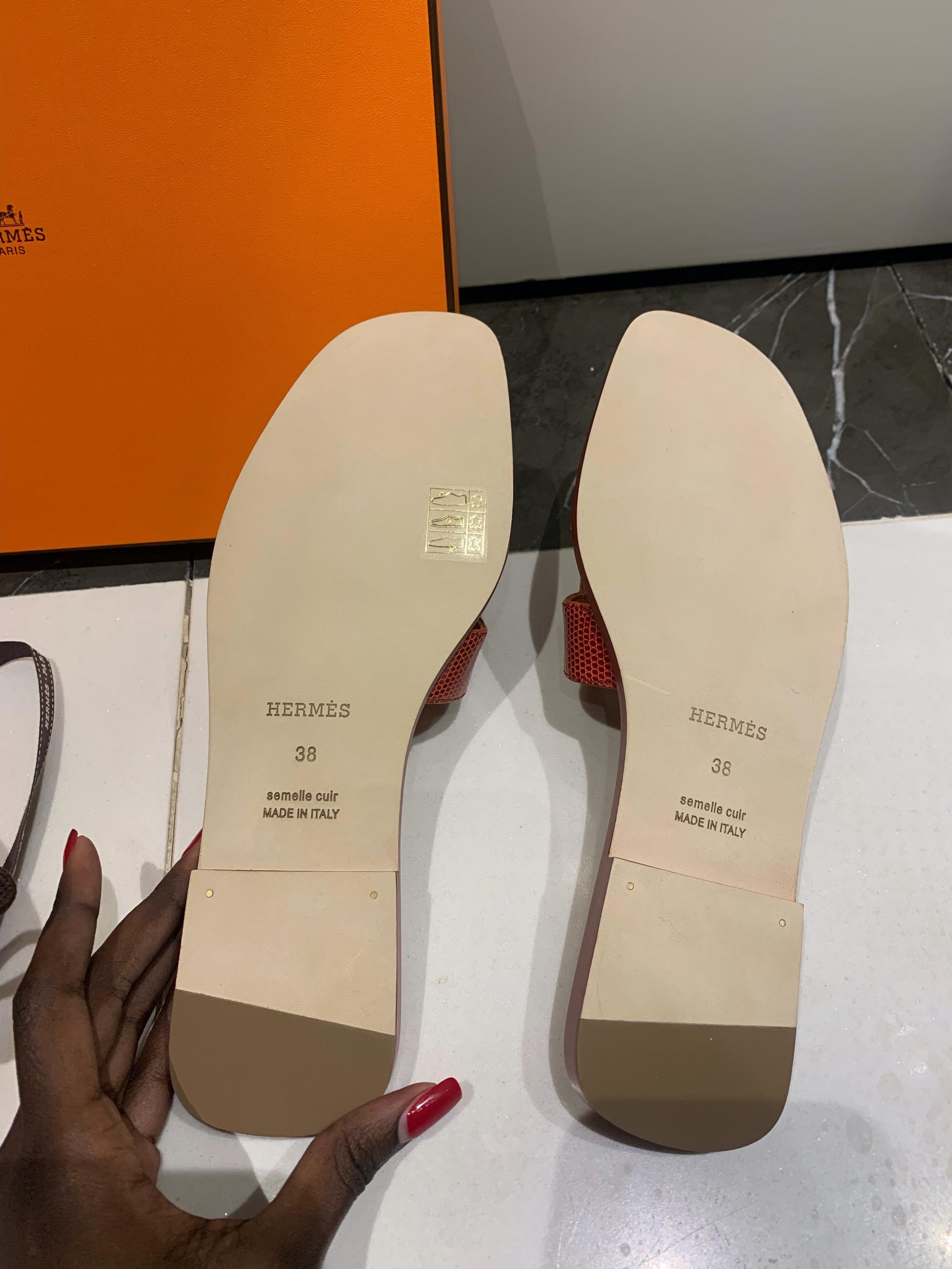 Hermes Rouge Coccinelle Lizard Oran Sandals