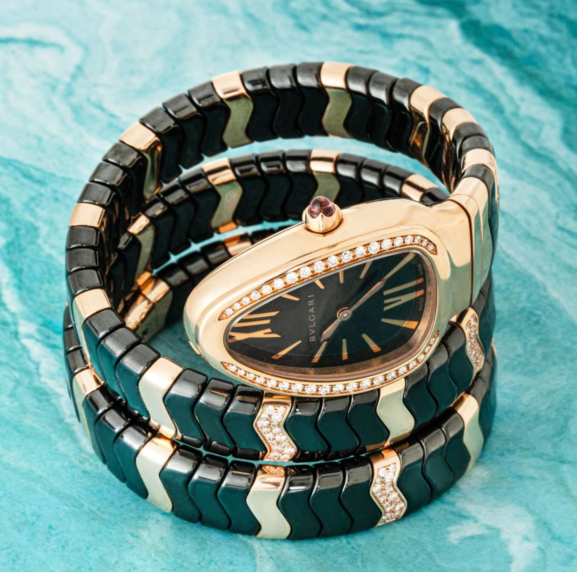 Bvlgari Black Ceramic 18K Rose Gold Diamond Serpenti Spiga Watch