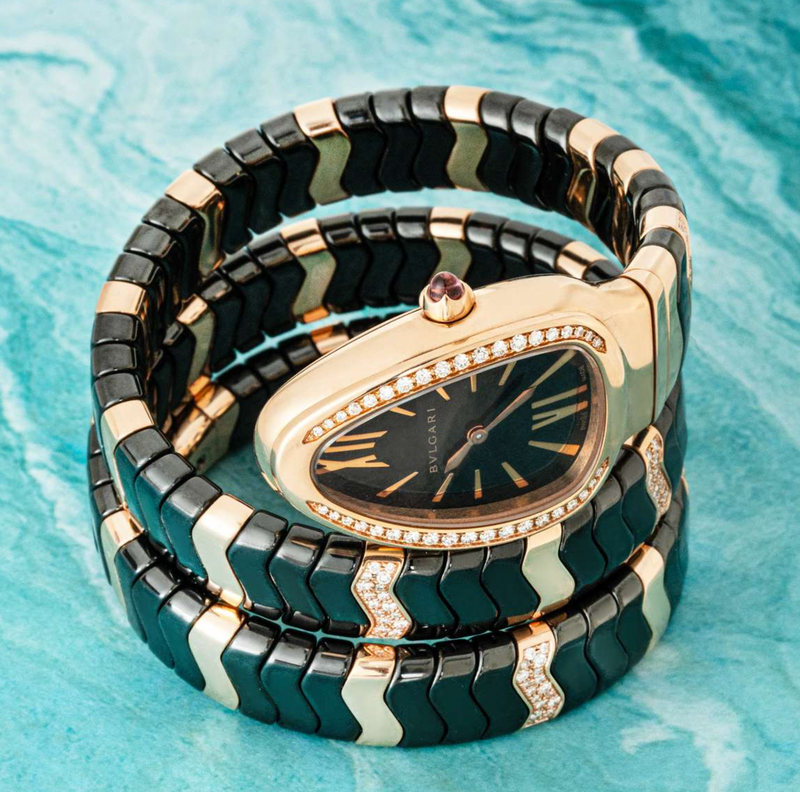 Bvlgari Black Ceramic 18K Rose Gold Diamond Serpenti Spiga Watch