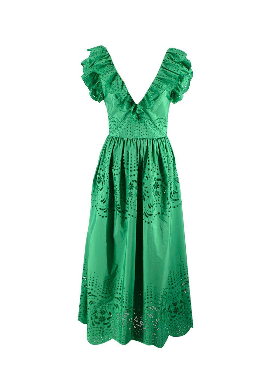 Zuhair Murad Green Taffeta and English Lace Midi Dress