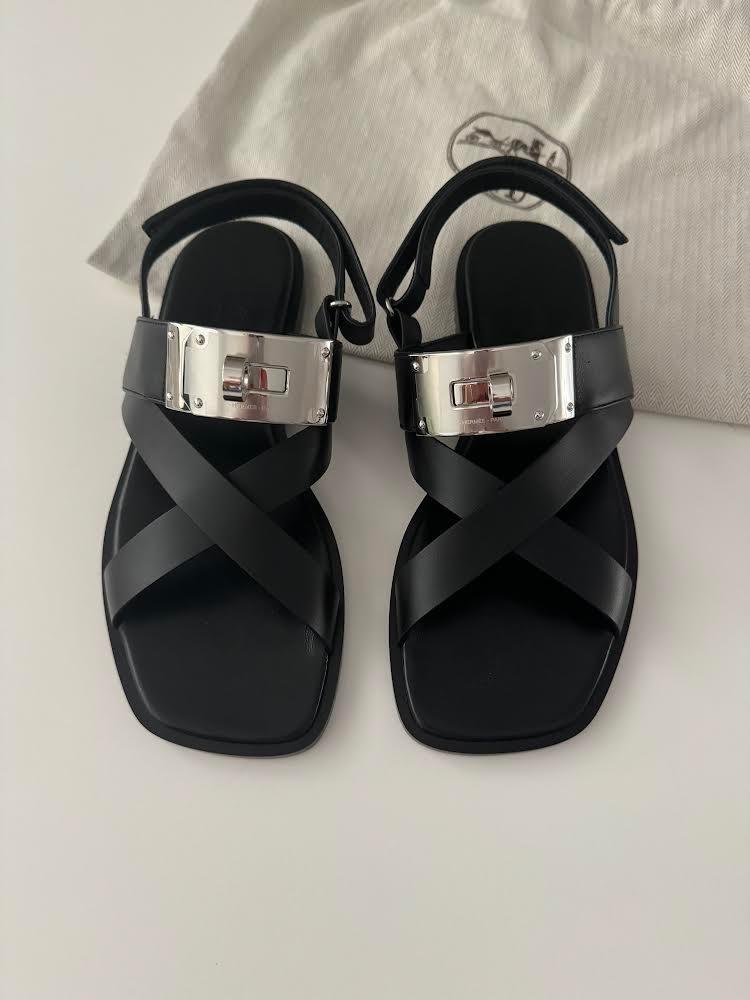 Hermes Black Leather Ines Sandals