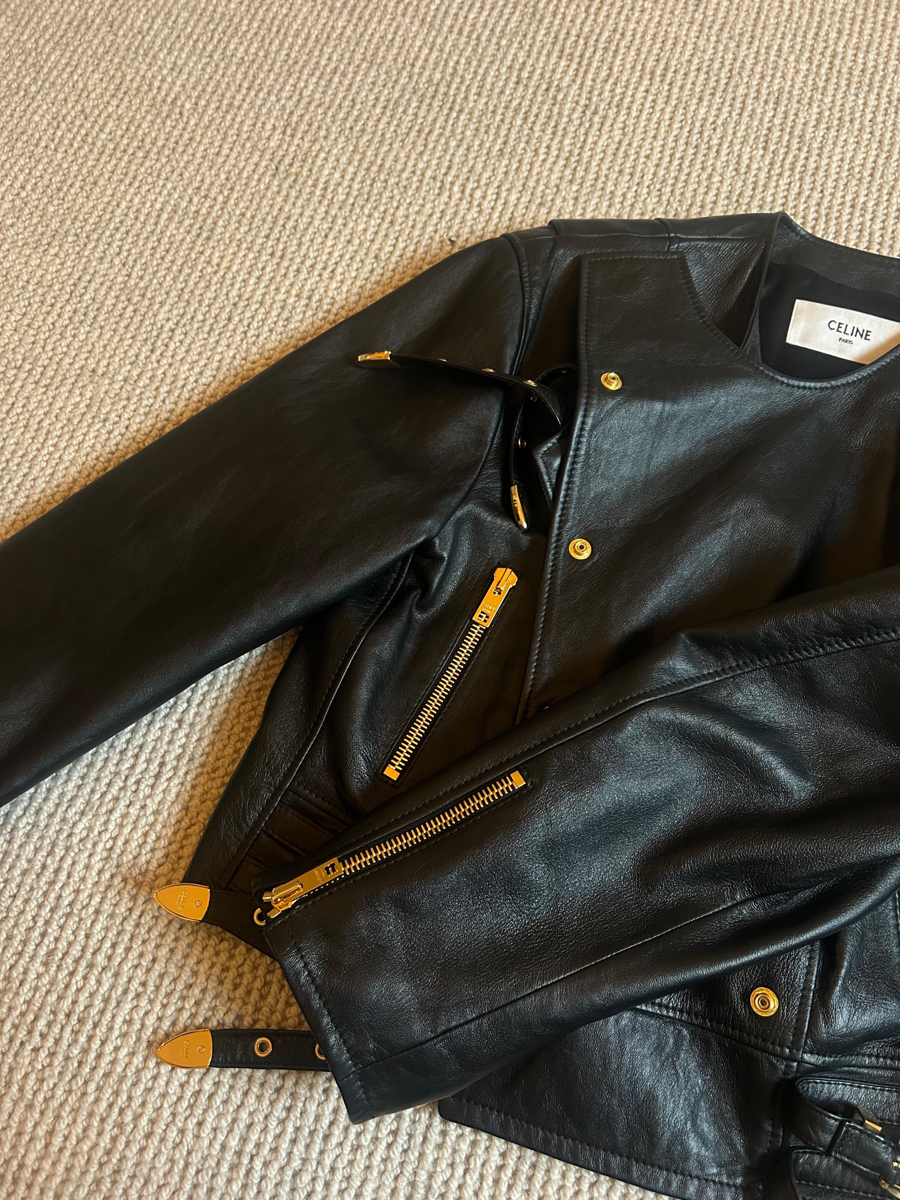 Celine Black Leather Buckle Detail Jacket