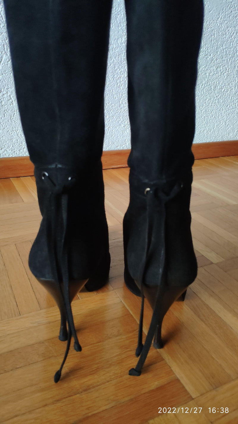 Black Suede Ankle Tie Tall Boots