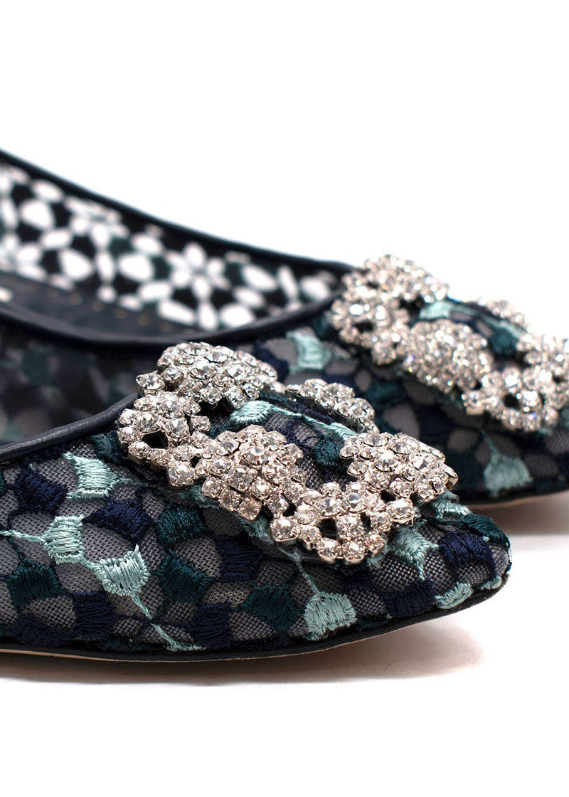 Manolo Blahnik Navy Lace Jewel Buckle Flat Pumps