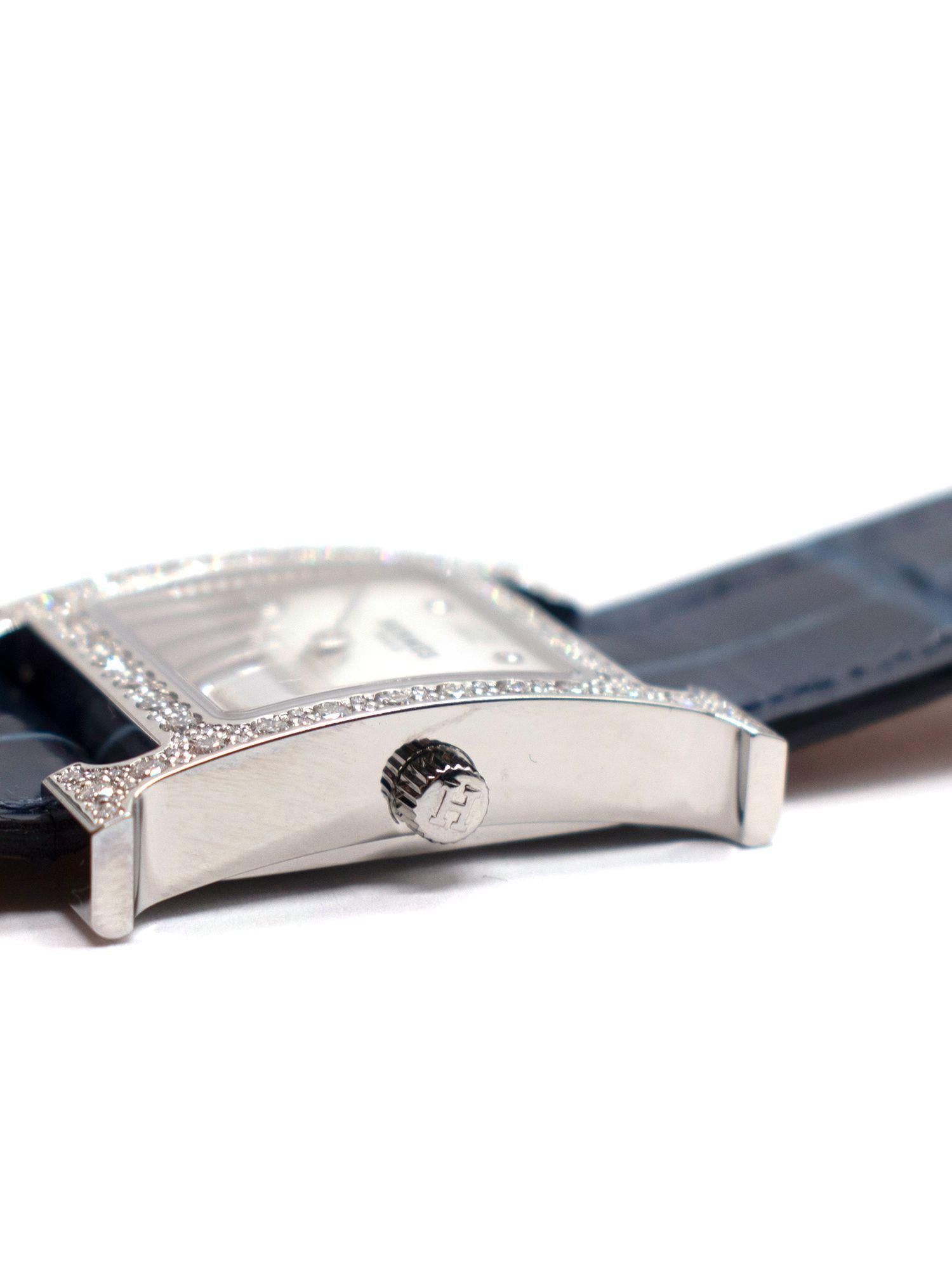 Hermes Navy Alligator Diamond Heure H 21mm Watch With Palladium Hardware