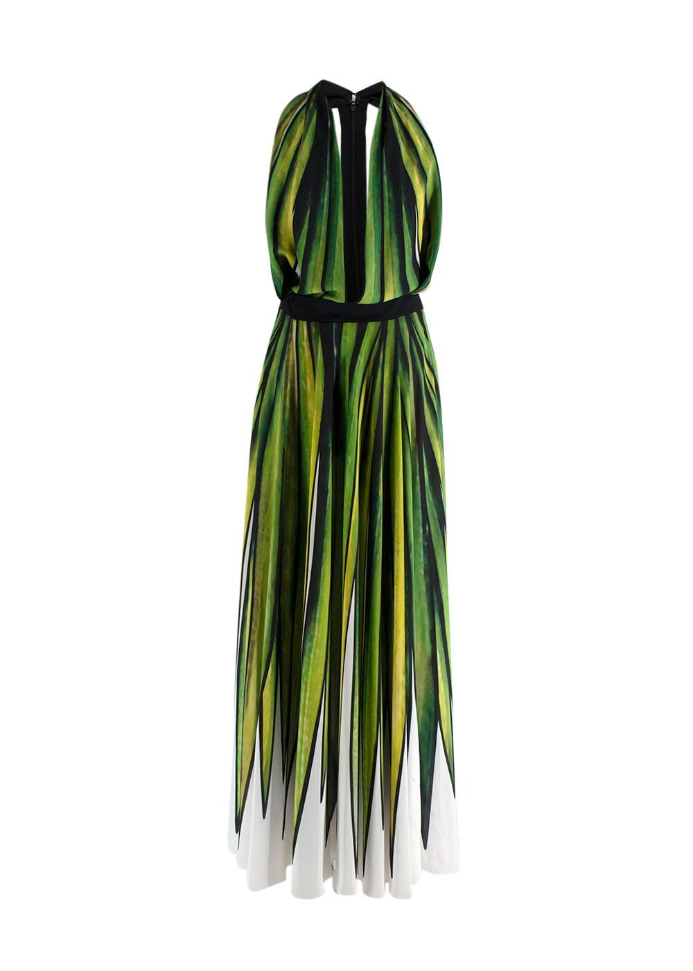 RUNWAY Elie Saab Green Patterned Deep Plunge Gown