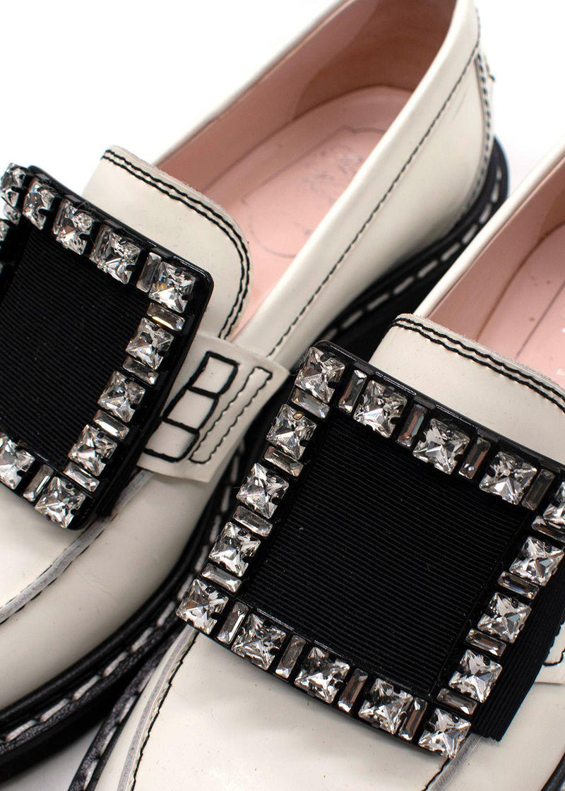 Roger Vivier White Leather Viv' Rangers Strass Buckle Loafers