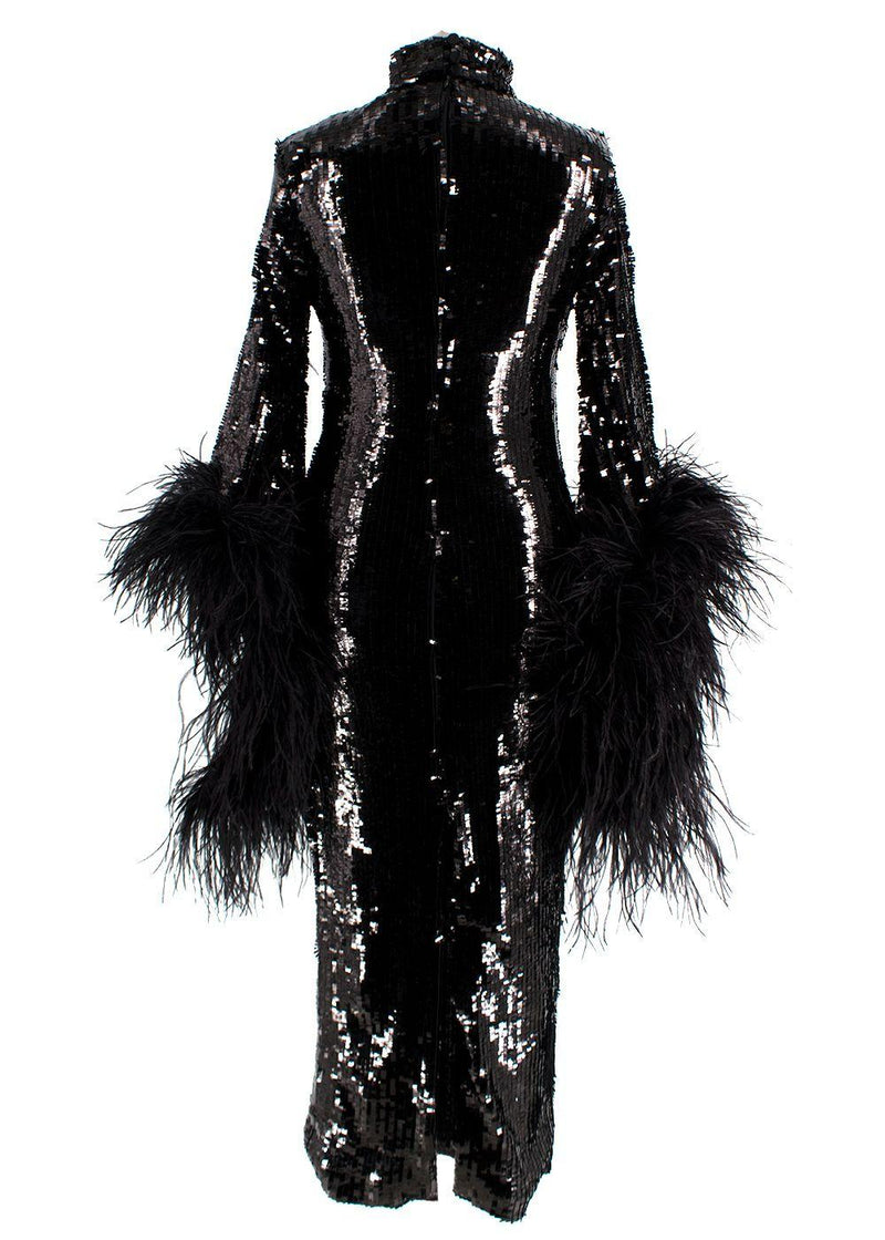 Taller Marmo Black Sequin Gown with Feather Trim