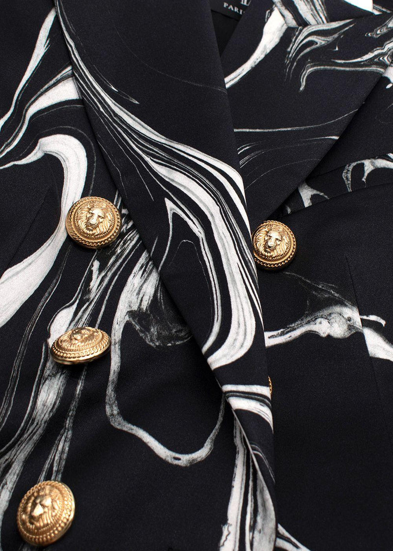 Balmain Black Marble Printed Satin Double Breasted Blazer