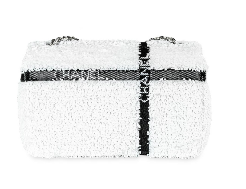 Chanel White & Black Sequin Bow Mini Flap Bag