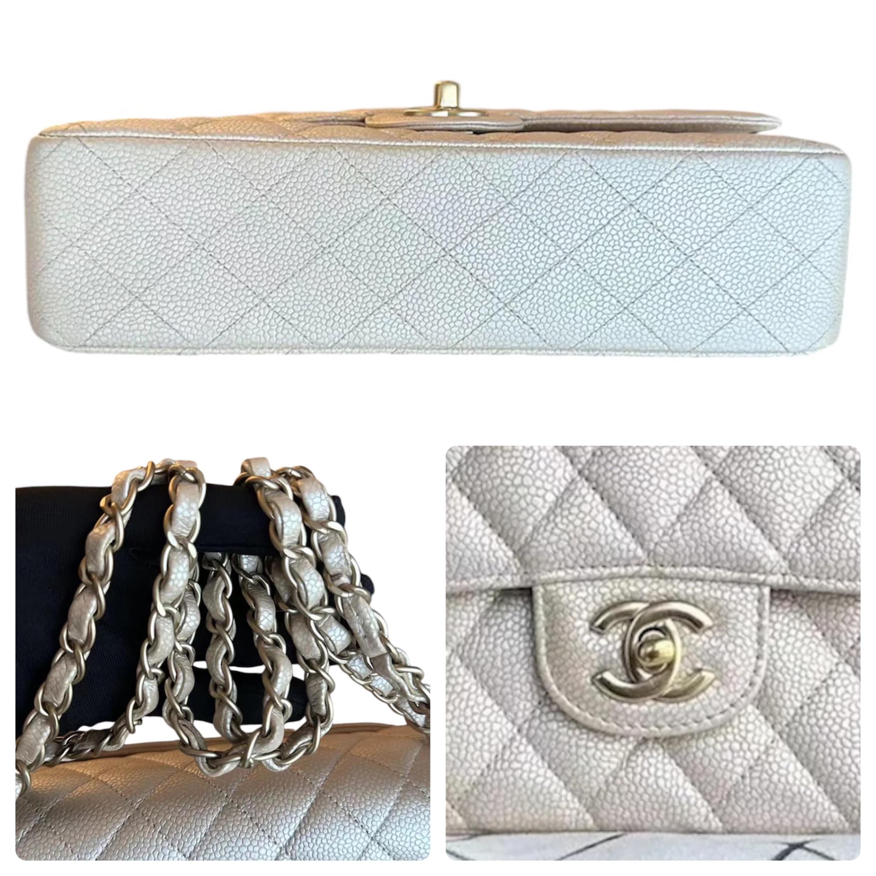 Iridescent Beige Medium  Quilted Caviar Grained Calfskin Double Flap Bag