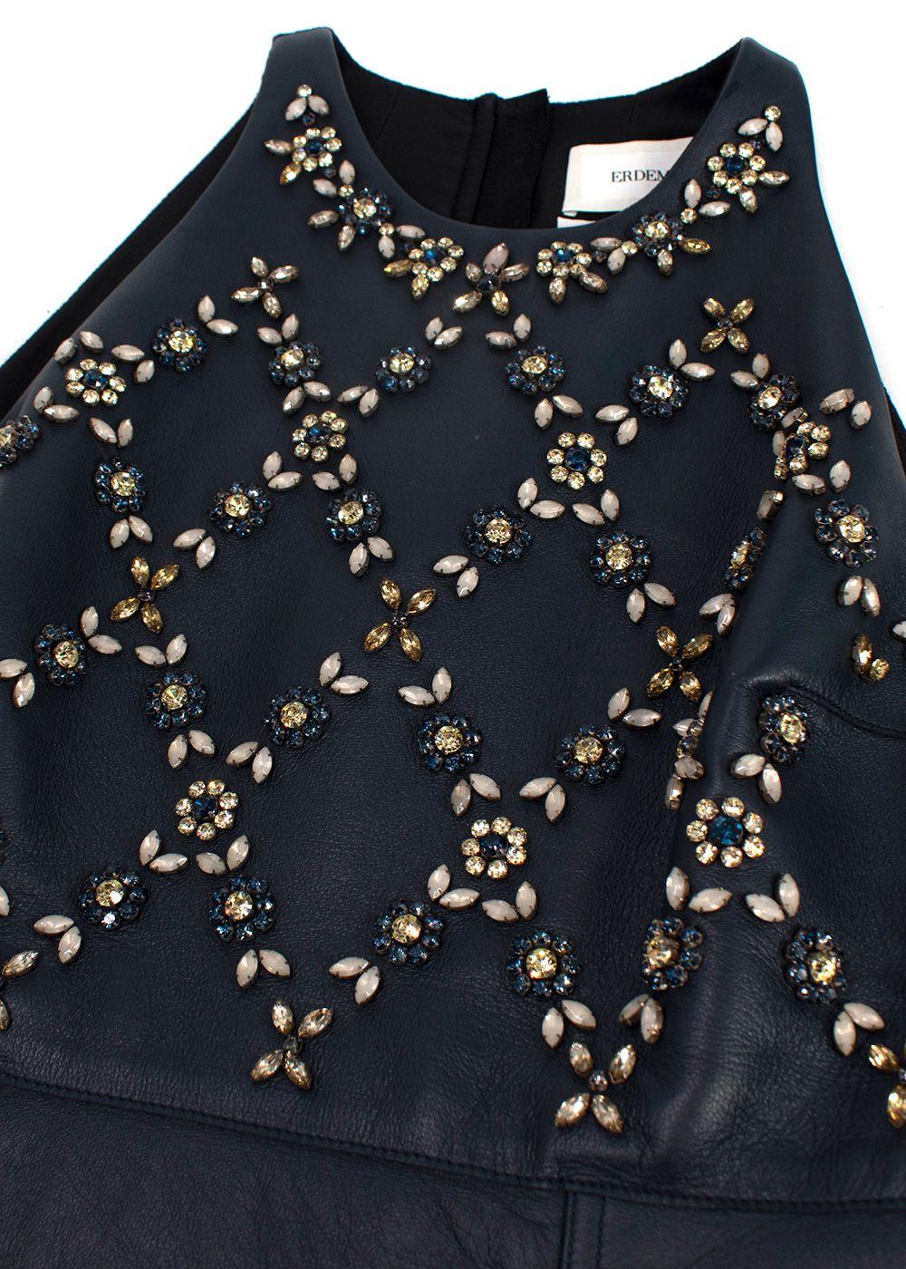 Erdem Navy Leather Floral Crystal Embellished Mini Dress