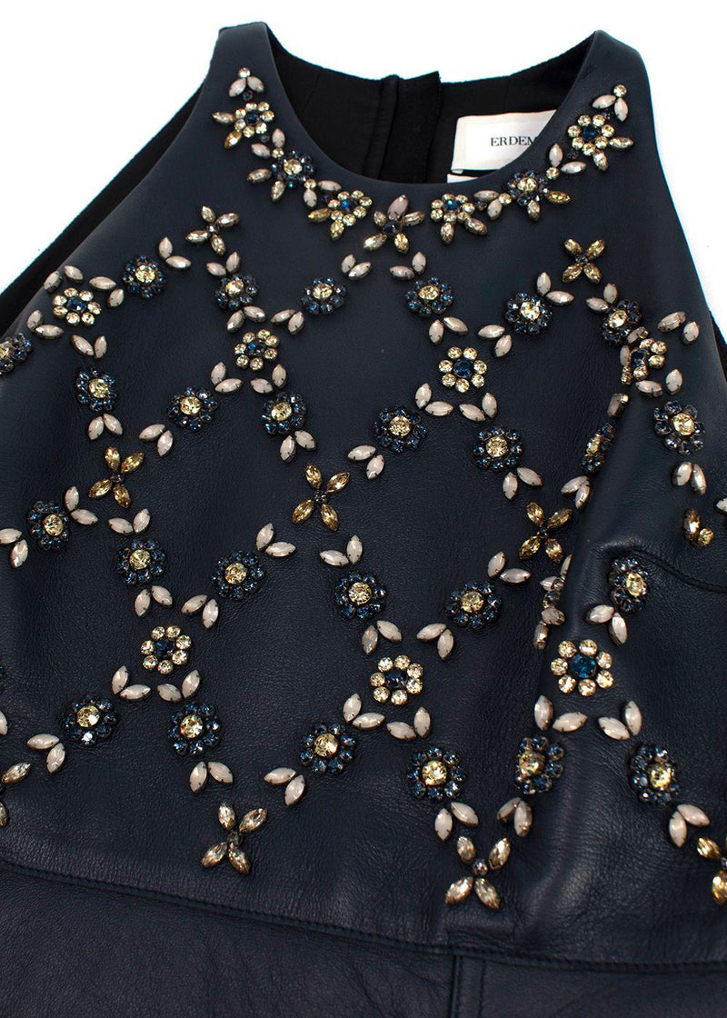 Erdem Navy Leather Floral Crystal Embellished Mini Dress