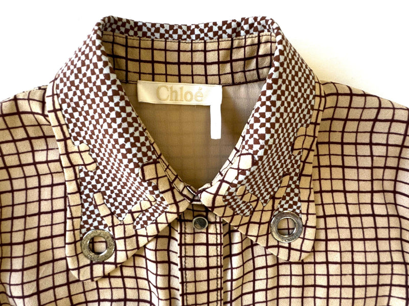 Chloe Belted Windowpand-Check Crepe Shirt Dress