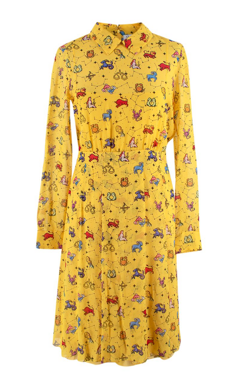 Dior Yellow Pixel Zodiac Pattern Silk Midi Dress