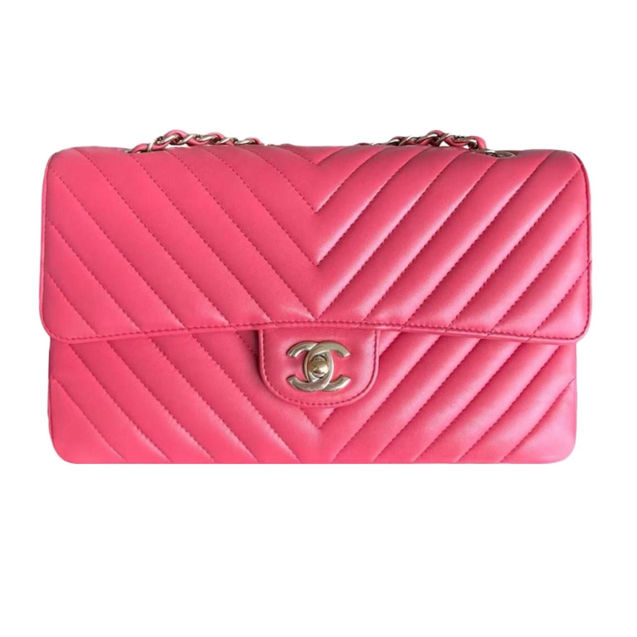 Coral Pink Medium Quilted Chevron Lambskin Classic Double Flap Bag