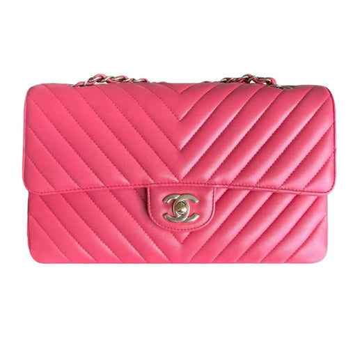 Coral Pink Medium Quilted Chevron Lambskin Classic Double Flap Bag