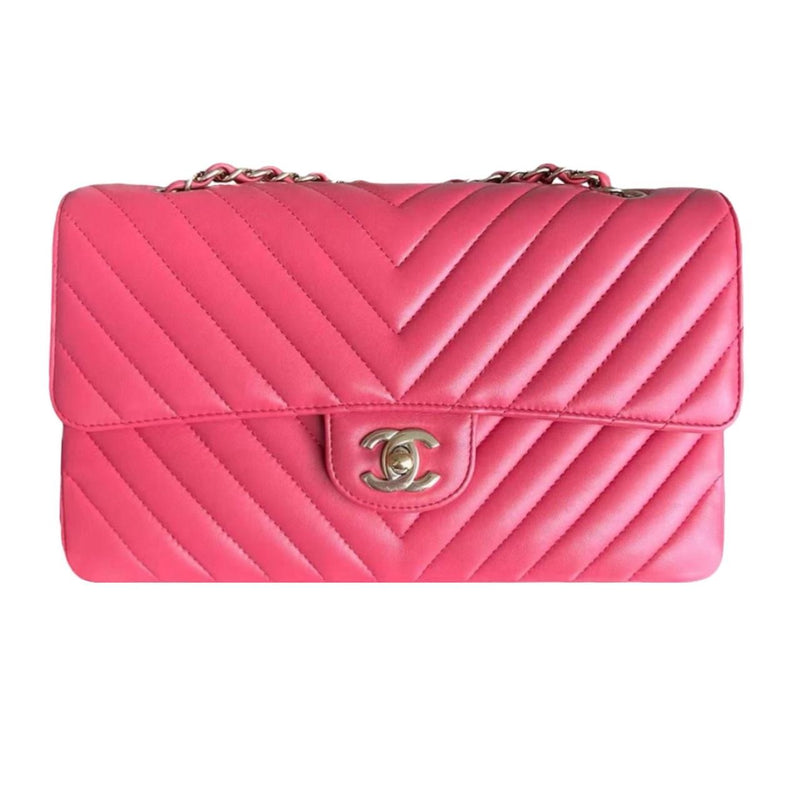 Coral Pink Medium Quilted Chevron Lambskin Classic Double Flap Bag