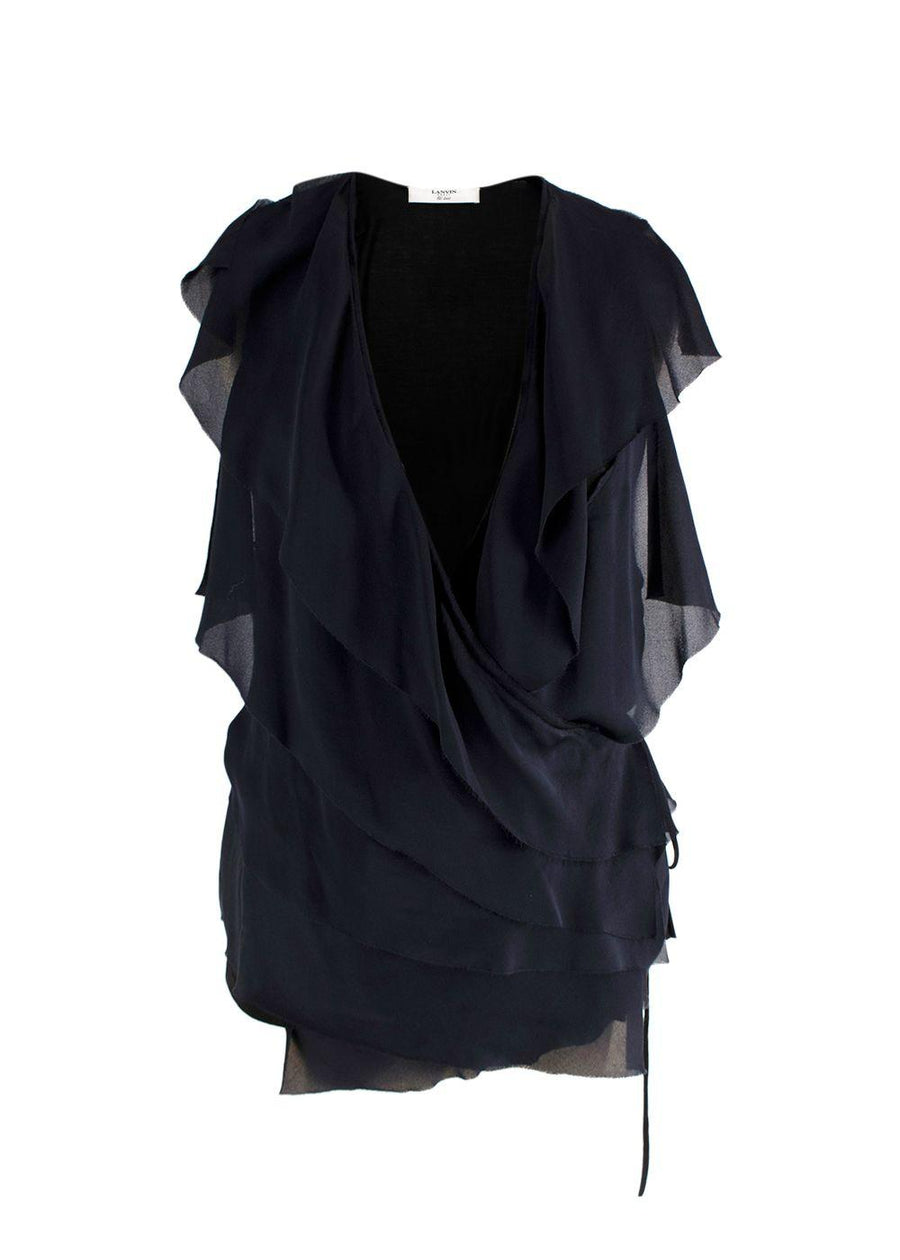 Lanvin Black and Navy Wrap Blouse with Frill Detail