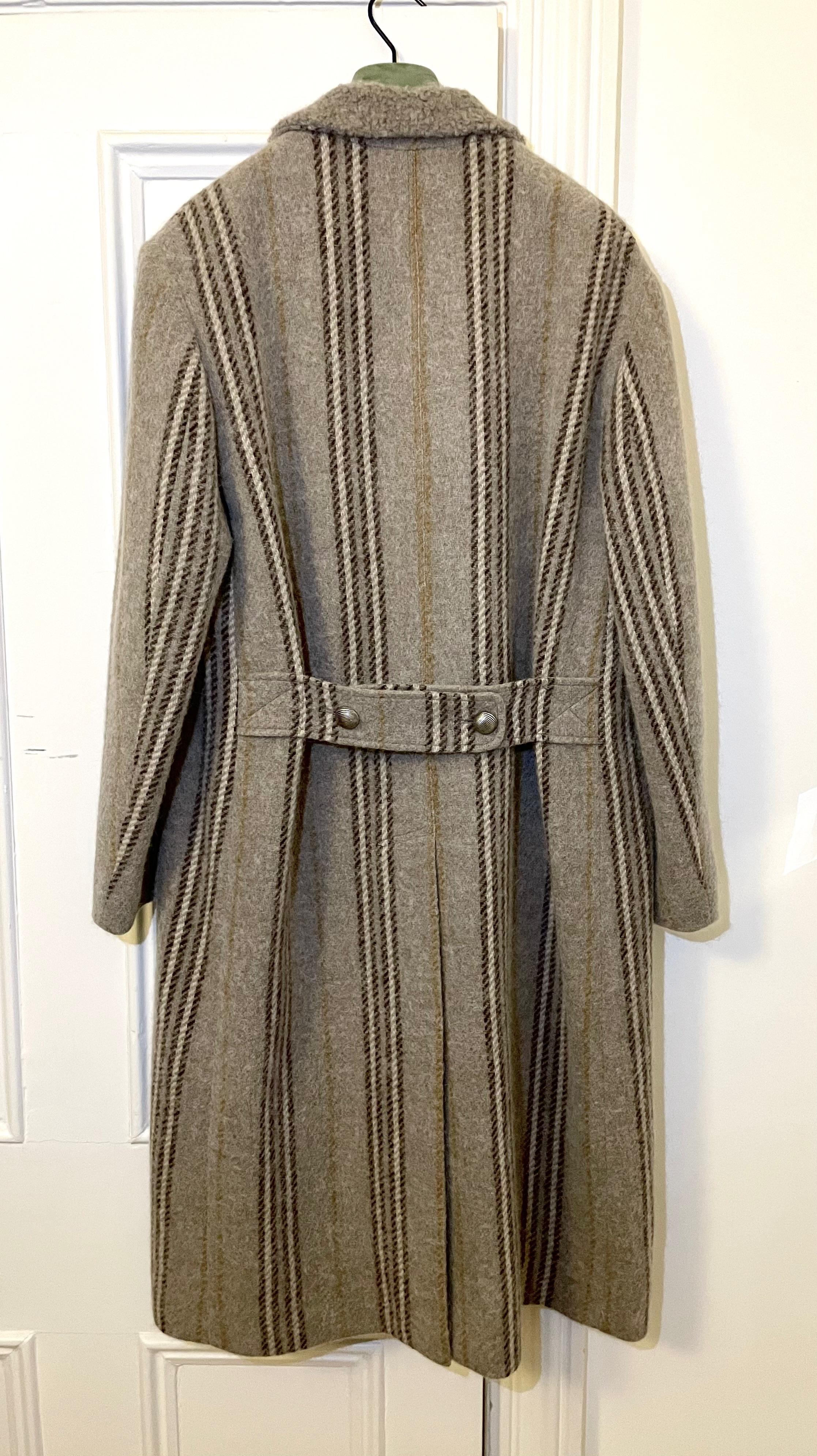 Beige Striped Wool Long Coat