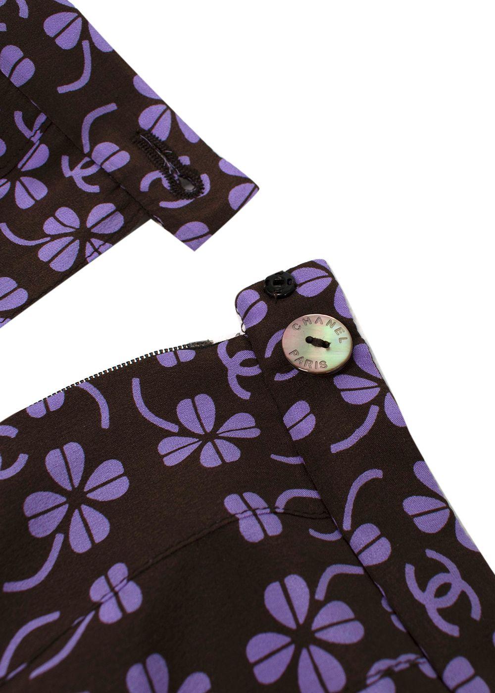 Purple & Black Clover Print Pleated Silk Skirt