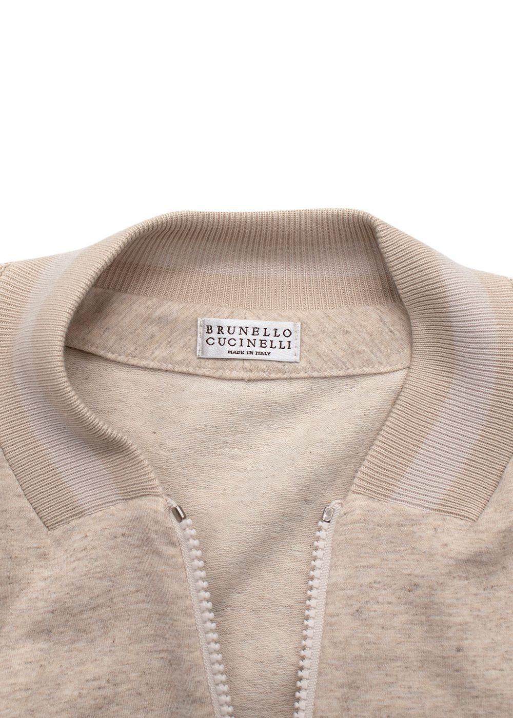 Brunello Cucinelli Beige Knit Sleeve Jersey Bomber Jacket