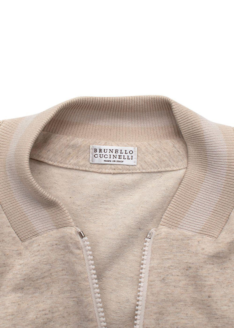 Brunello Cucinelli Beige Knit Sleeve Jersey Bomber Jacket