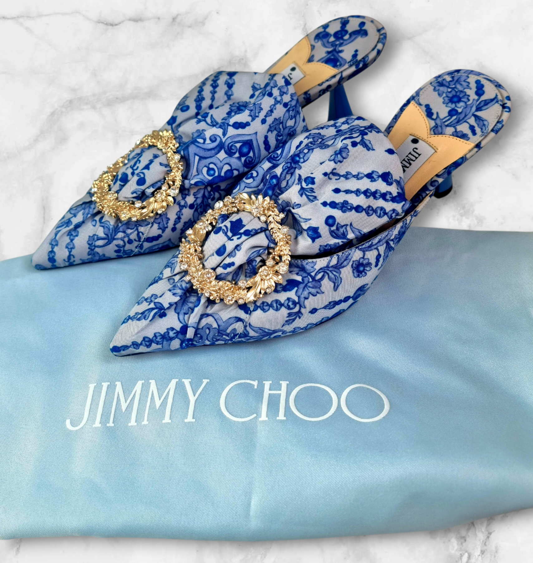Jimmy Choo Blue And White Mules