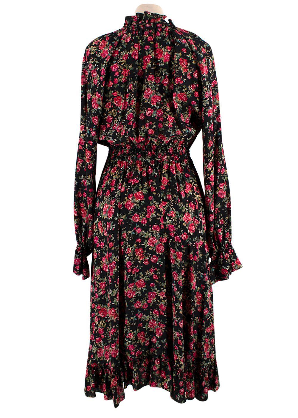 Dolce & Gabbana Black and Rose Floral Midi Silk Dress