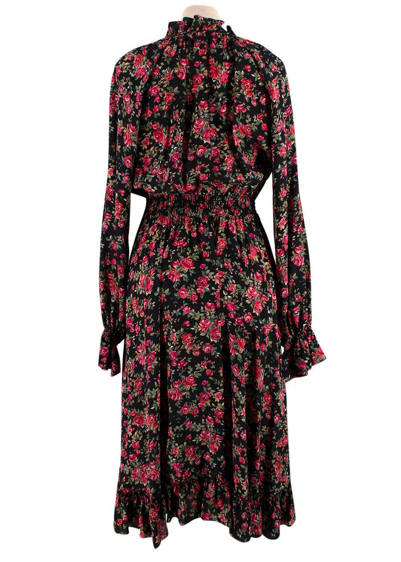 Dolce & Gabbana Black and Rose Floral Midi Silk Dress