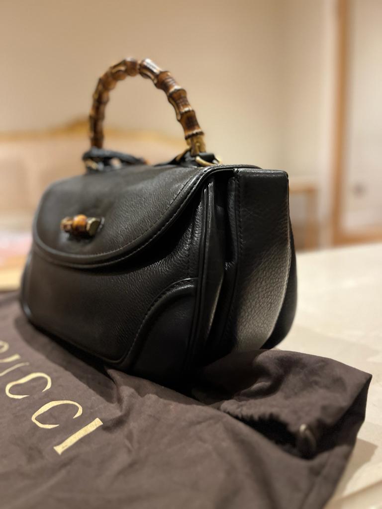 Black Leather Bamboo Top Handle Bag