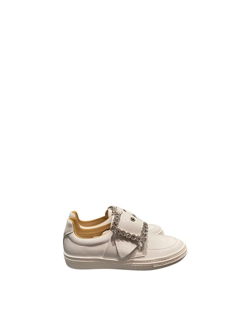 White Patent Leather Crystal Brooch Sneakers