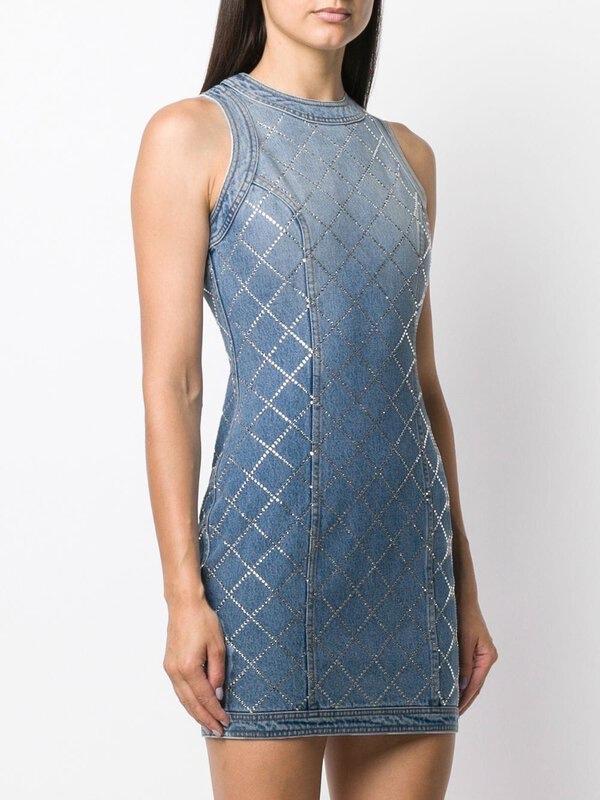 Blue rhinestone embellished fitted denim dress