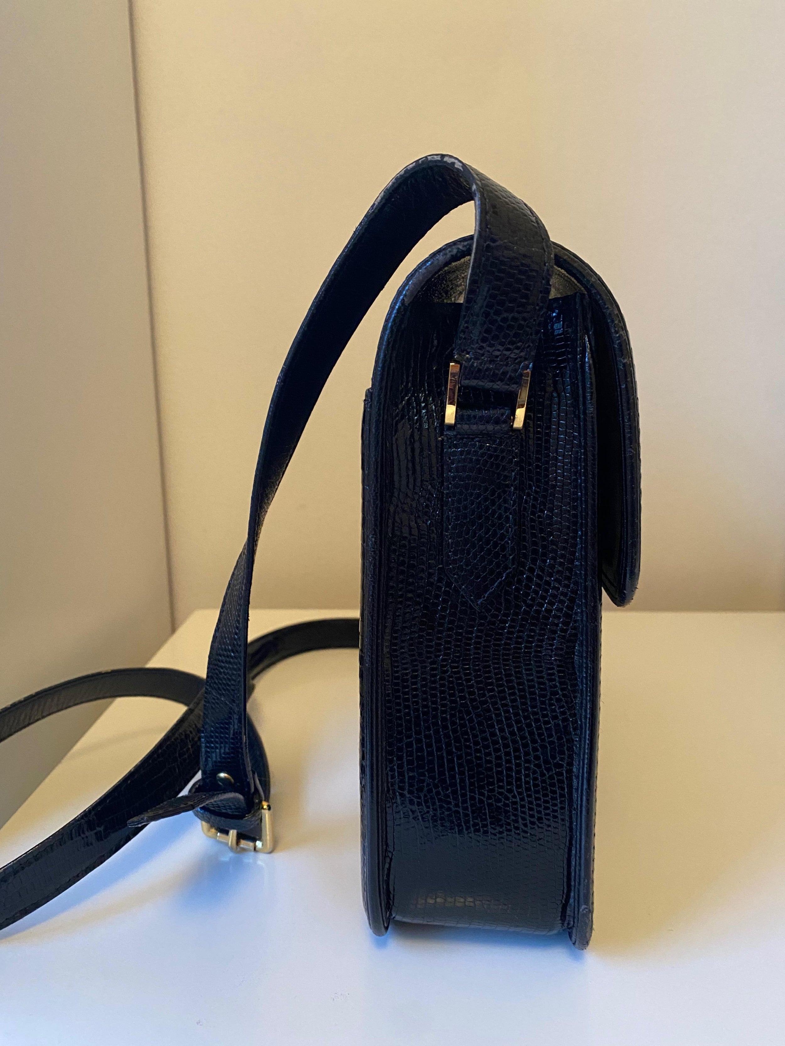 Vintage Black Lizard Embossed Patent Leather Bag