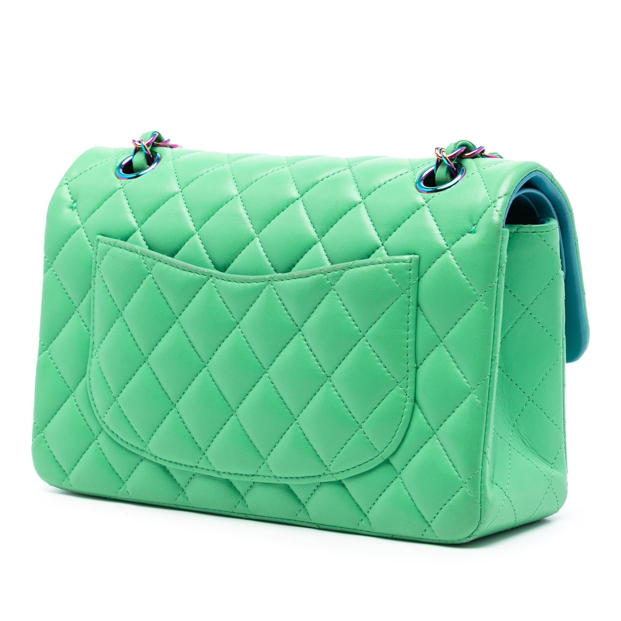 Chanel Green Small Classic Lambskin Rainbow Hardware Double Flap