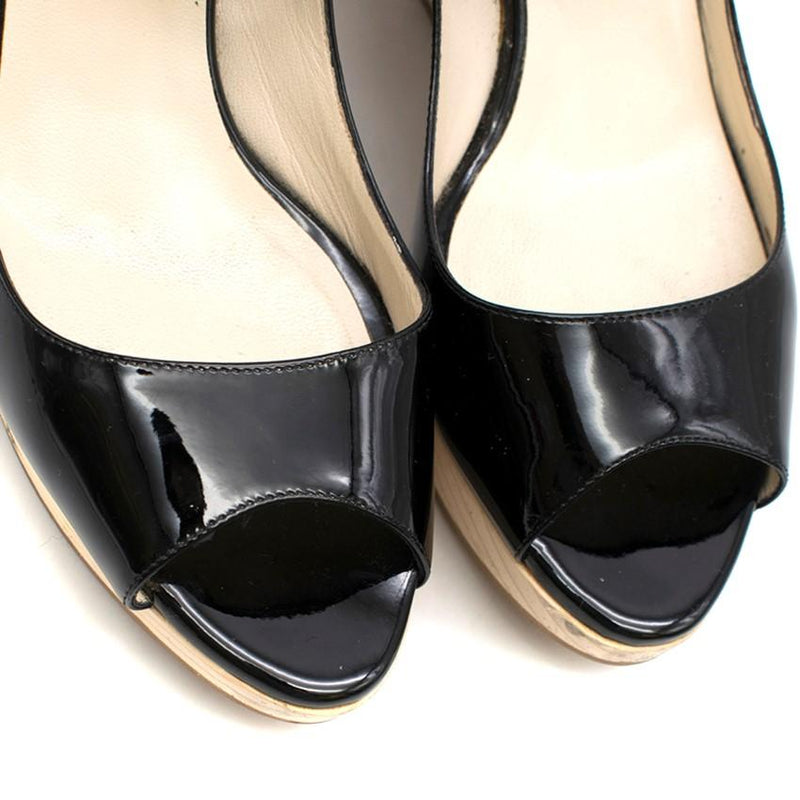 Rupert Sanderson Black Patent Leather Peep-Toe Wooden Wedges