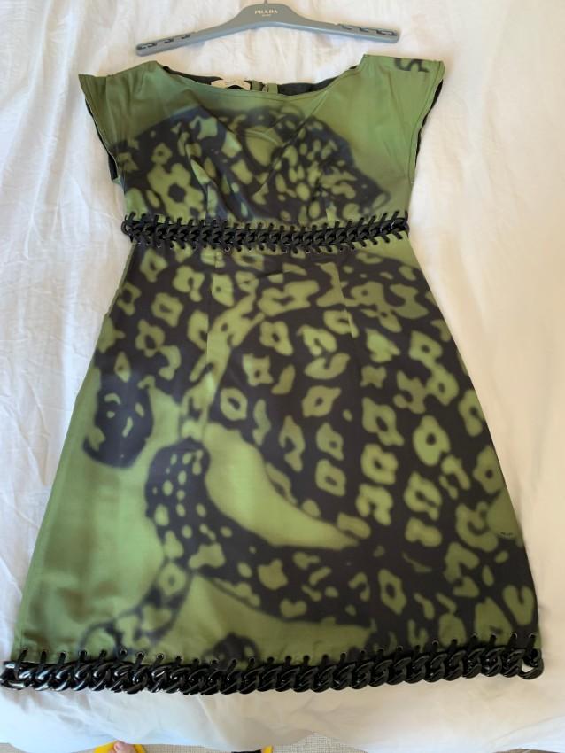 Prada Khaki Leopard Print Chain Trim Mini Dress