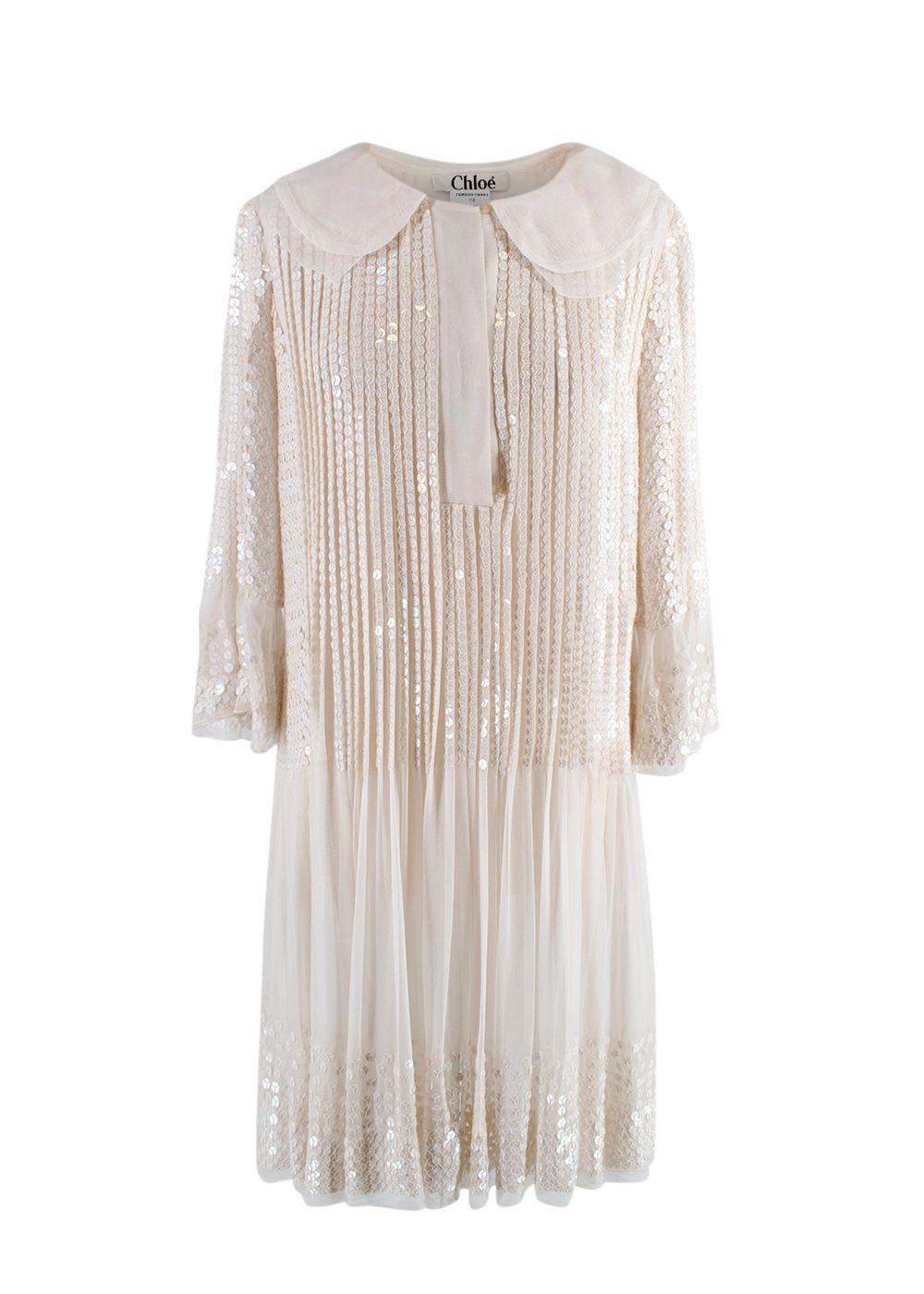 Chloe Ecru Sequin Embroidered Silk Pleated Dress